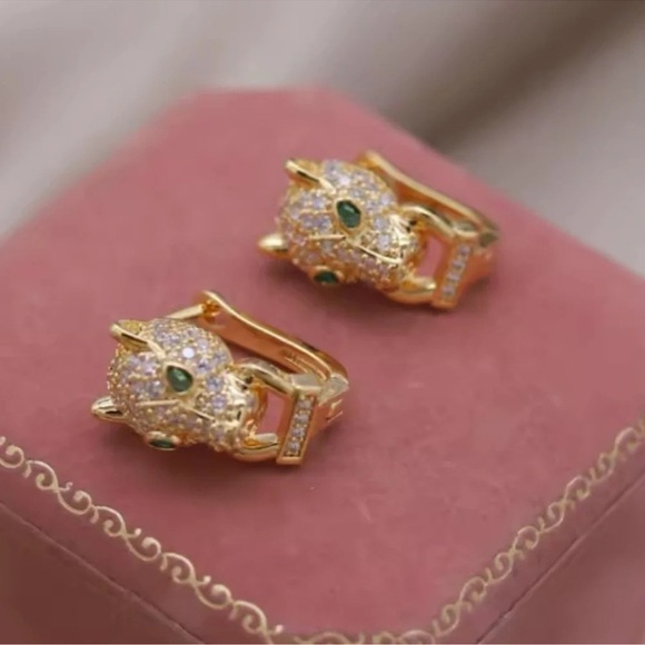 Panthere Emerald Green Eyes Gold Earrings - Picture 2 of 7
